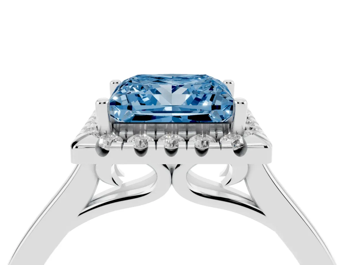 Fancy Blue Princess Cut Halo Round Diamond Solitaire Ring with Pavé Band and Four-Prong Setting Silver