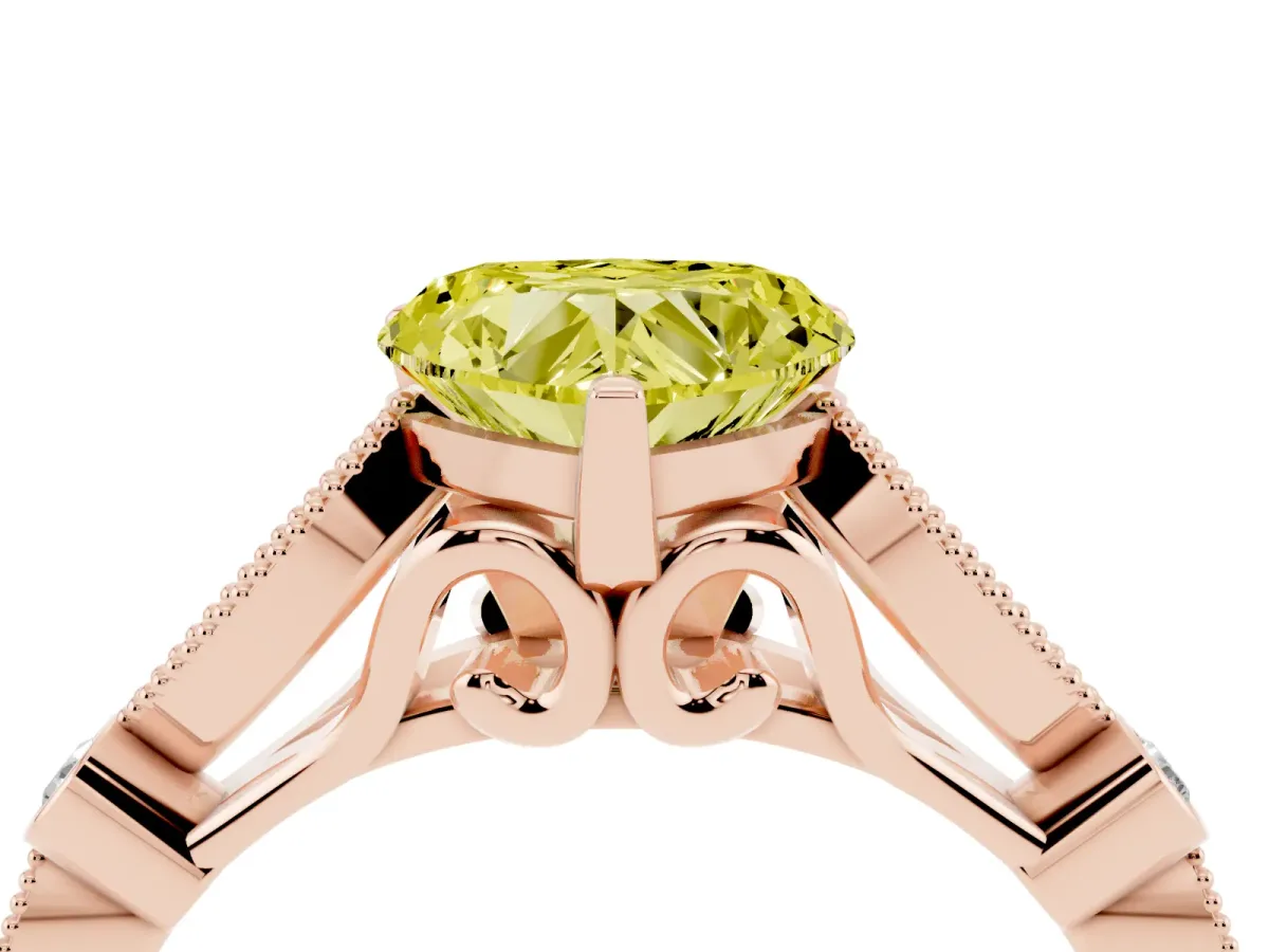 Fancy Yellow Heart Cut Cut Diamond with Milgrain Marquise and Bezel Accents on a Solitaire Band with Prong Setting Rose gold