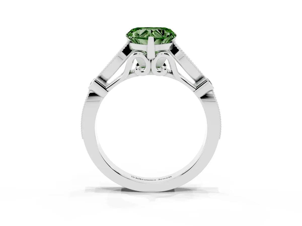 Fancy Green Heart Cut Cut Diamond with Milgrain Marquise and Bezel Accents on a Solitaire Band with Prong Setting Silver