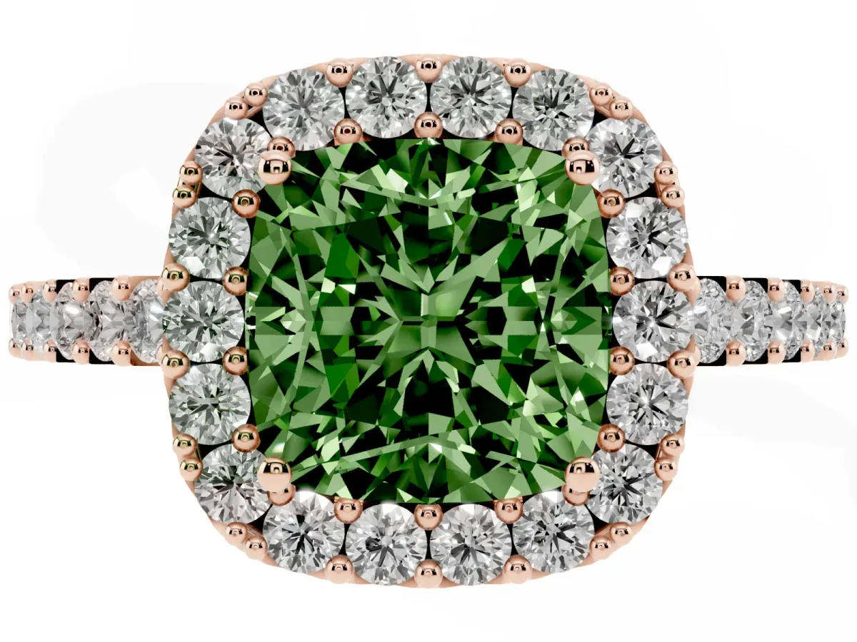 Fancy Green Cushion Cut Halo Diamond Pavé Solitaire Ring Rose gold