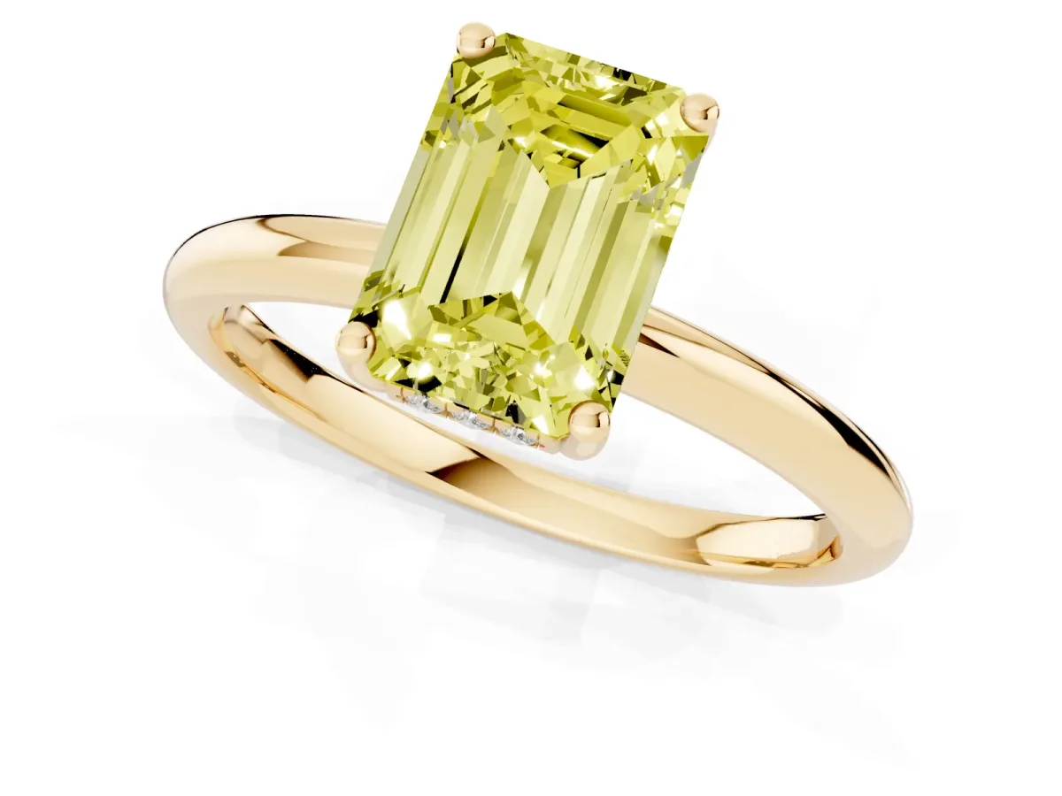 Fancy Yellow Emerald Cut Cut Solitaire Engagement Ring with Four-Prong Setting and Classic Band Yellow gold