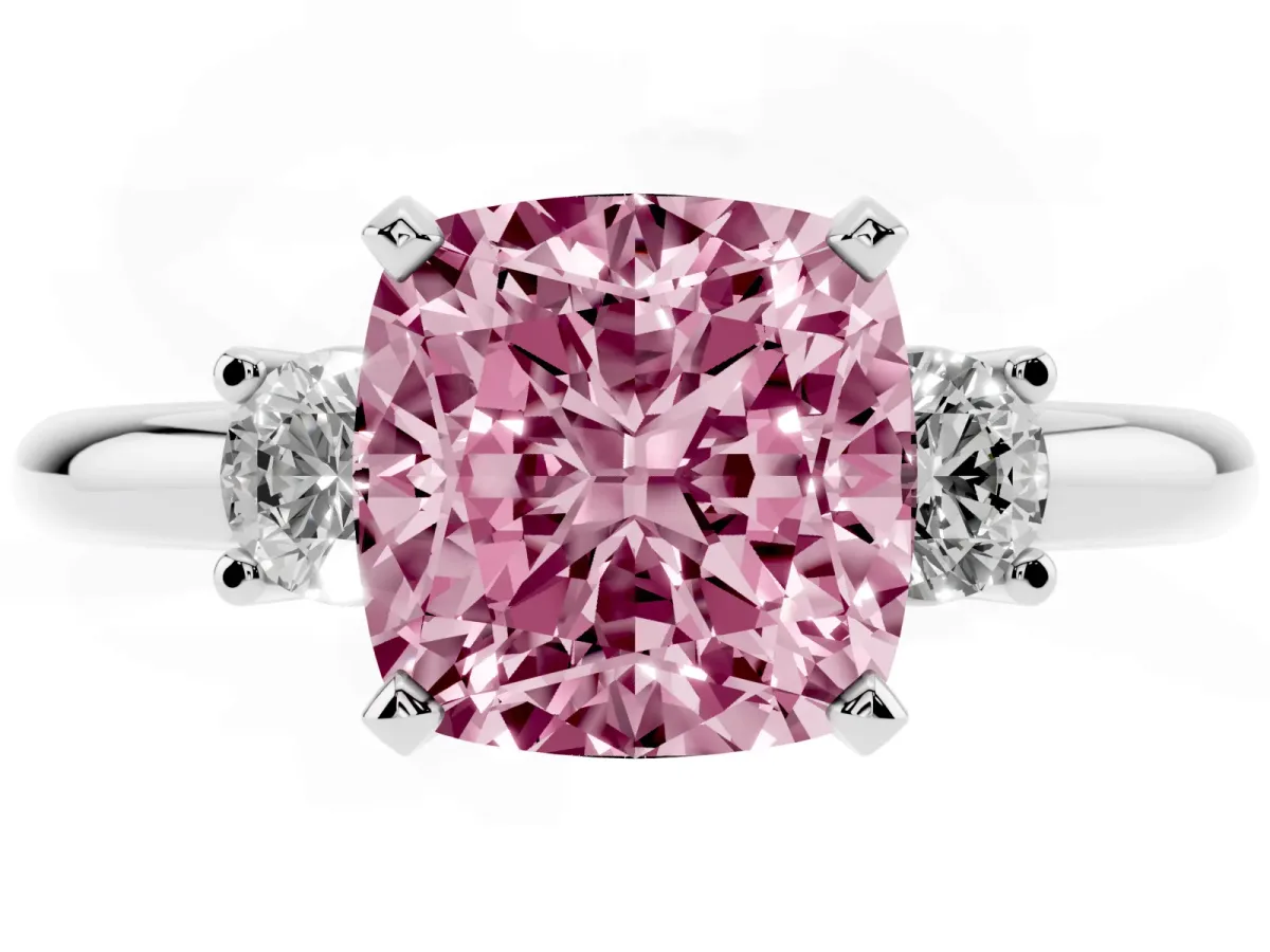Fancy Pink Three-Stone Cushion Cut Cut Diamond Solitaire with Prong Setting and Classic Band White gold