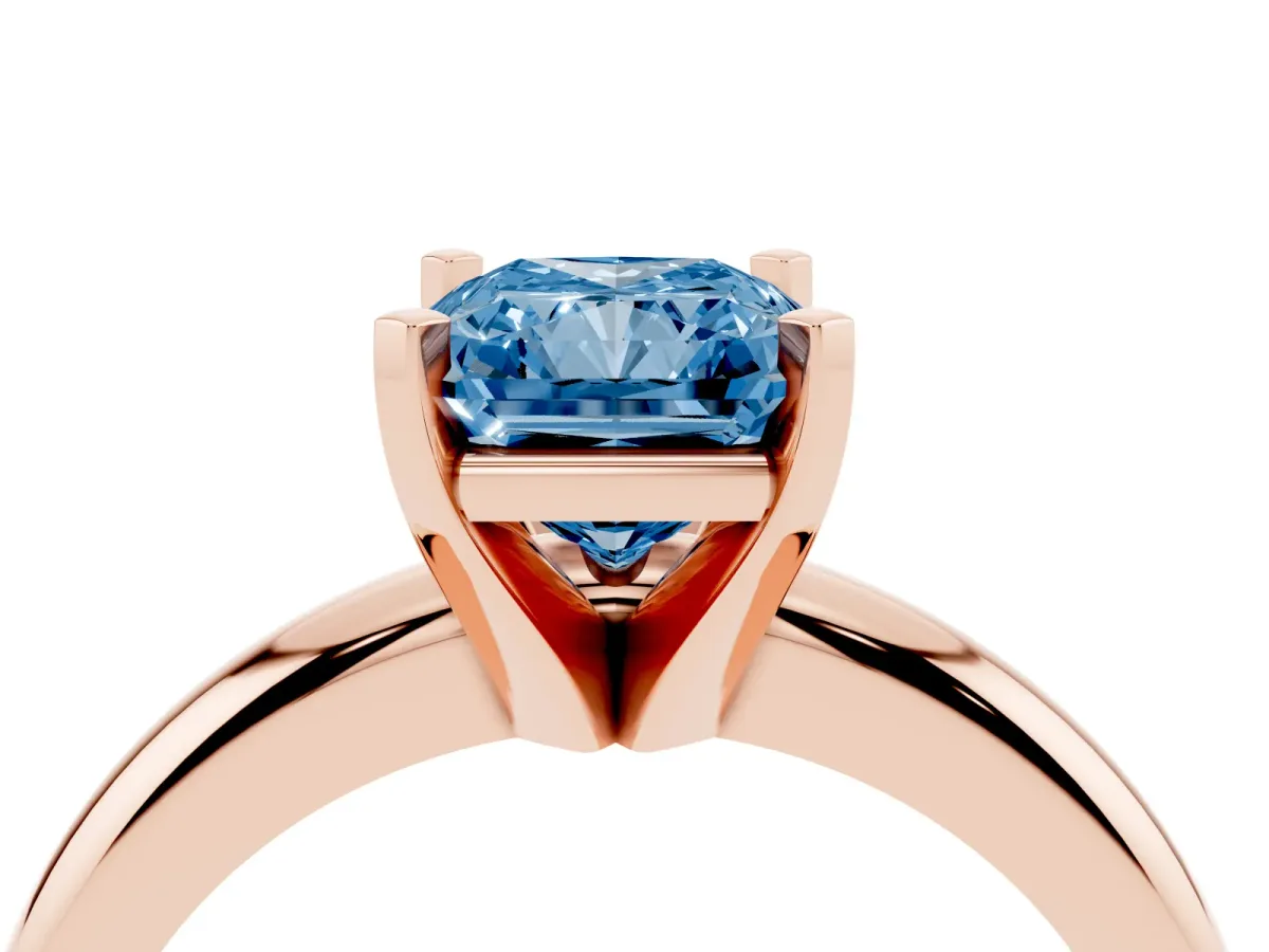 Fancy Blue Radiant Cut Diamond Solitaire Engagement Ring with Round Band and Four-Prong Setting Rose gold
