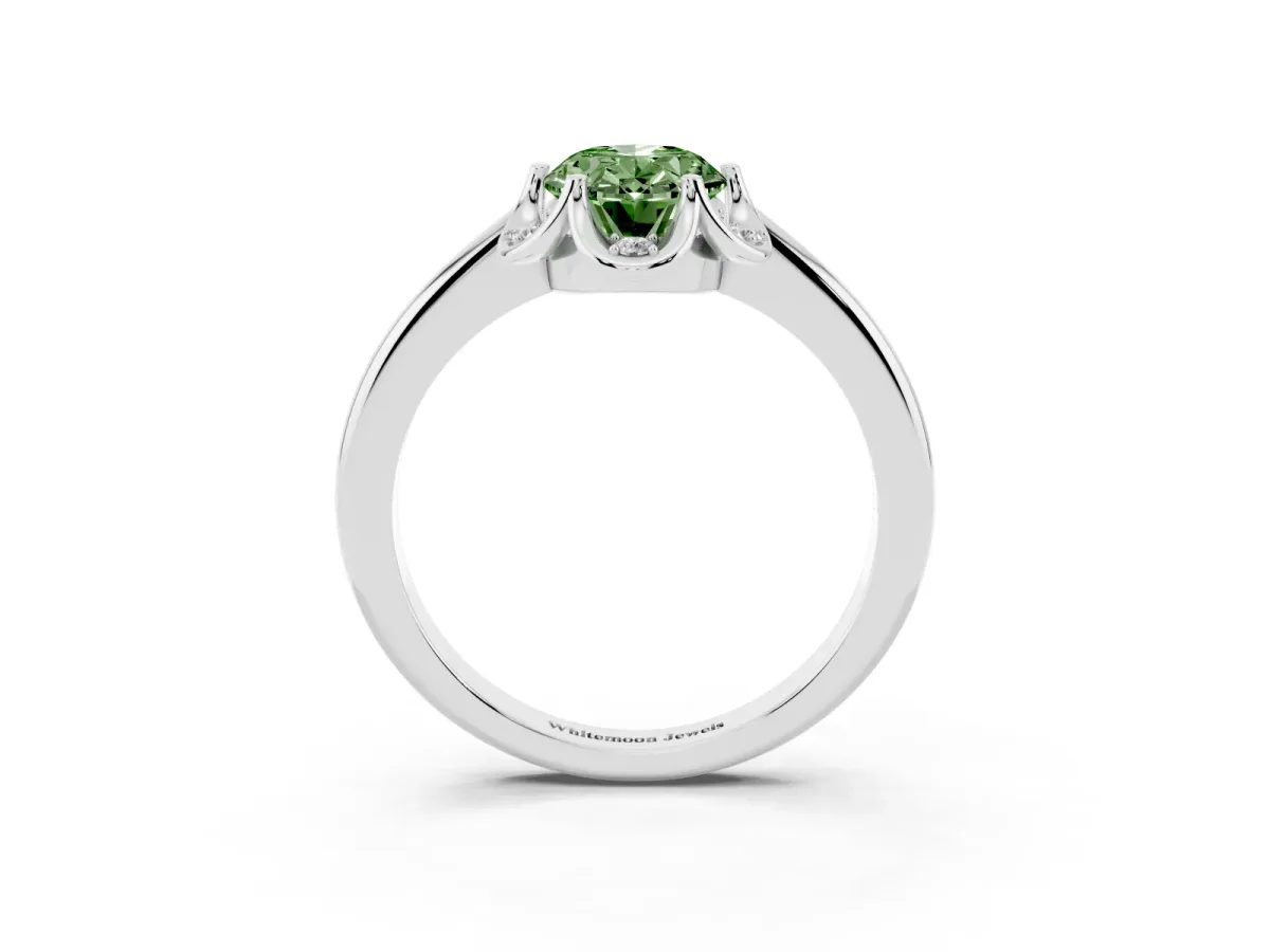 Fancy Green Oval Cut Halo Diamond Ring with Round Cluster Setting, Solitaire Band, and Four-Prong Setting White gold