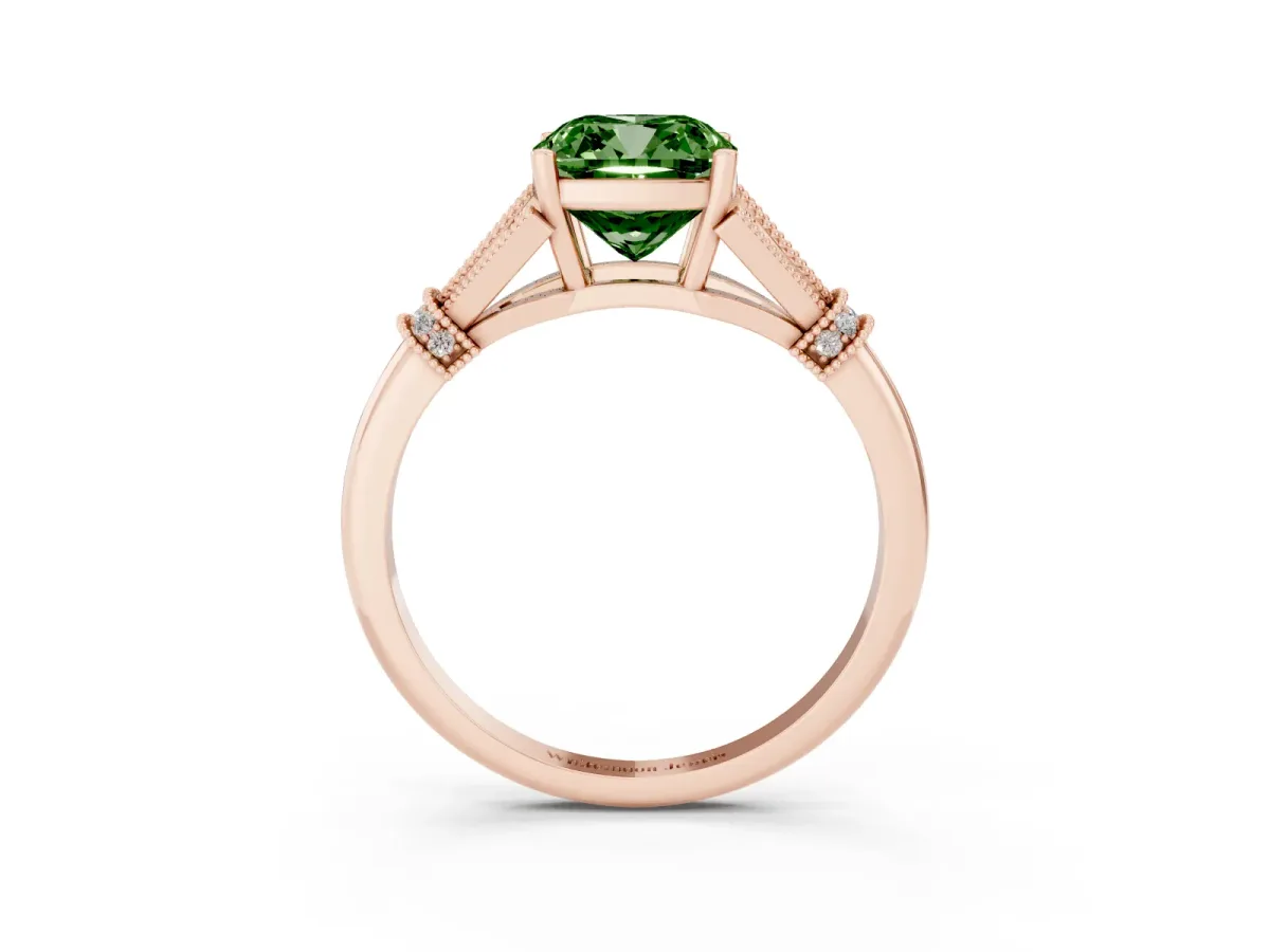 Fancy Green Cushion Cut Diamond Solitaire Ring with Floral Filigree and Pave Accents Rose gold