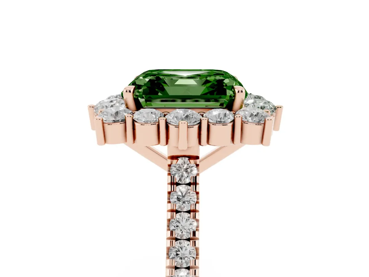 Fancy Green Asscher Cut Halo Diamond Ring with Pavé Band and Prong Setting Rose gold