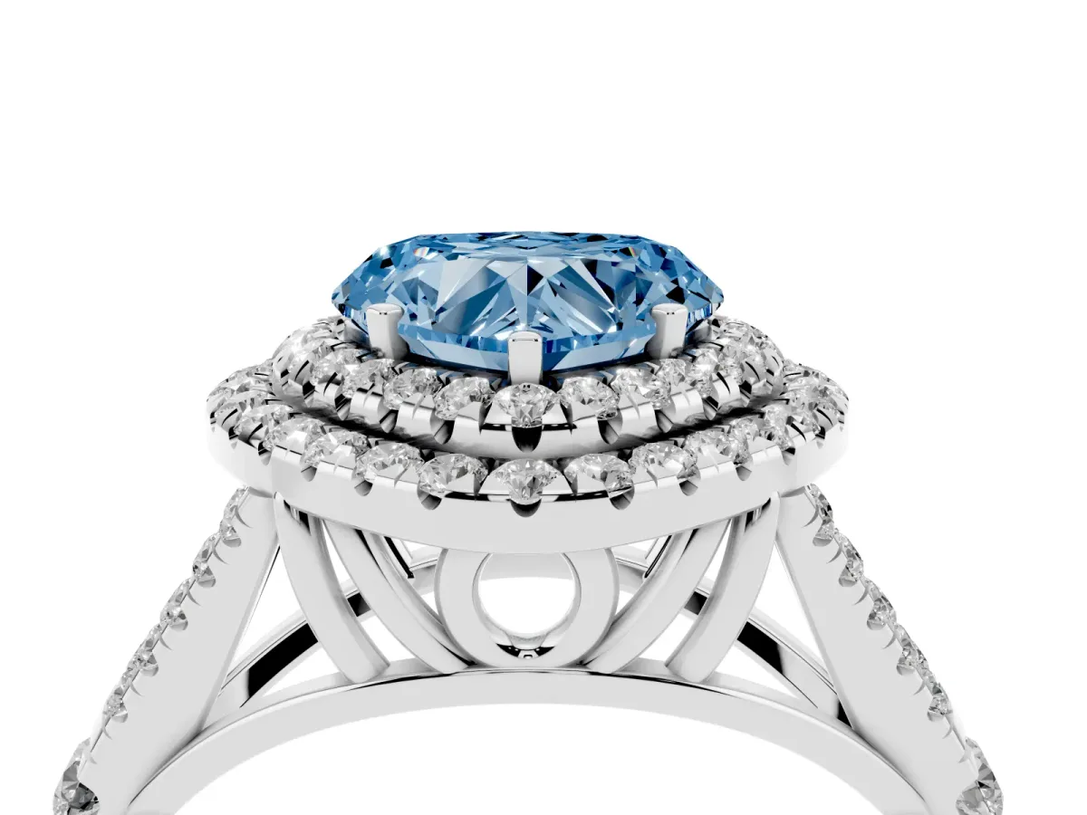 Fancy Blue Double Halo Heart Cut Diamond Split Shank Engagement Ring with Four-Prong Setting Silver