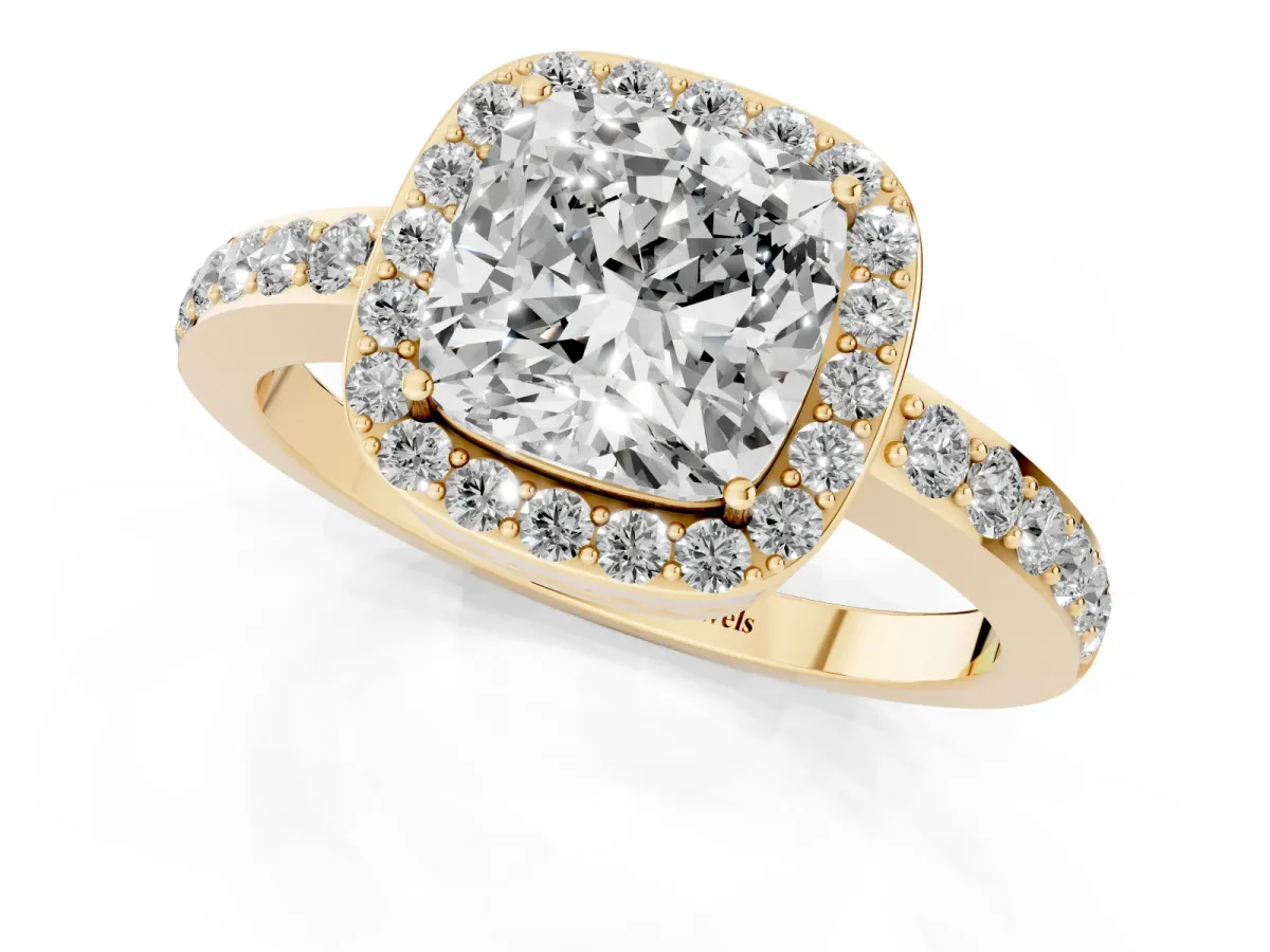 Cushion Cut Halo Diamond Pavé Band Ring with Prong Setting Yellow gold