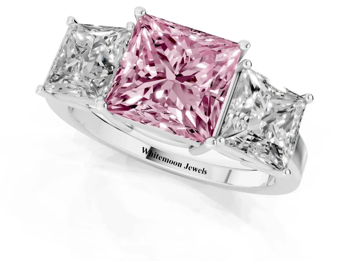 Fancy Pink Three-Stone Princess Cut Cut Diamond Engagement Ring with Flat Band and Four-Prong Setting White gold