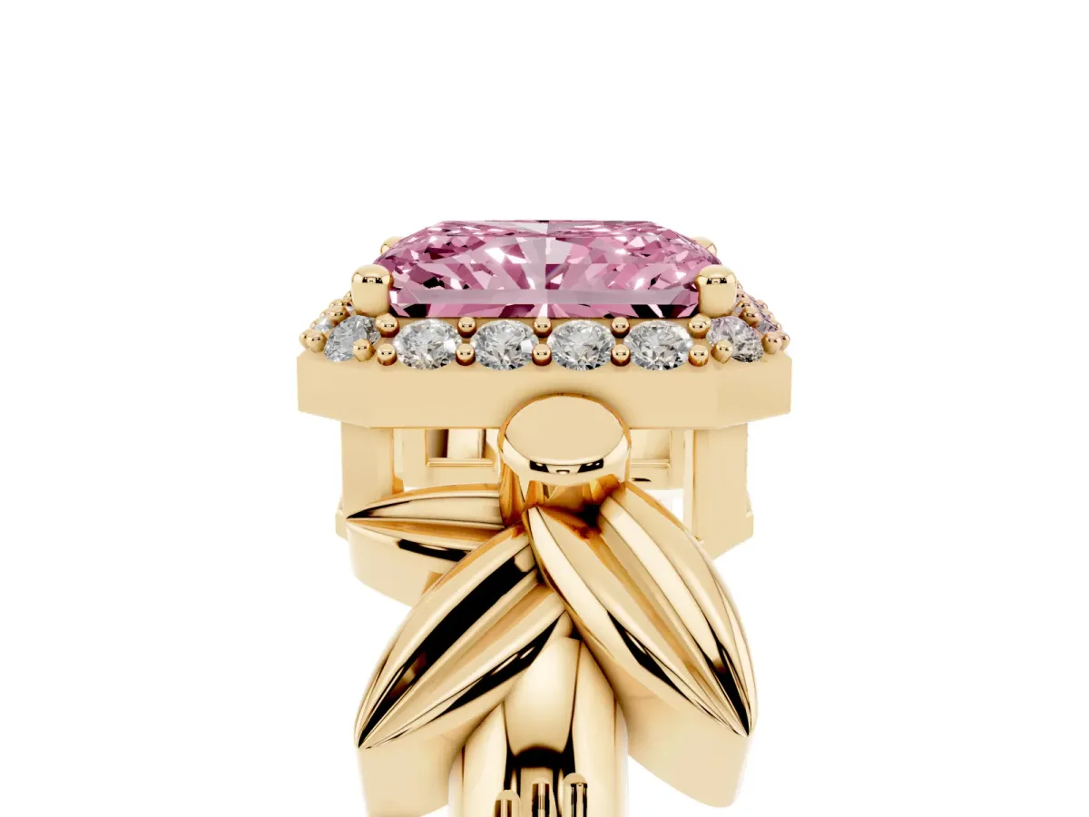 Fancy Pink Radiant Cut Halo Diamond Floral Band with Four-Prong Setting Yellow gold