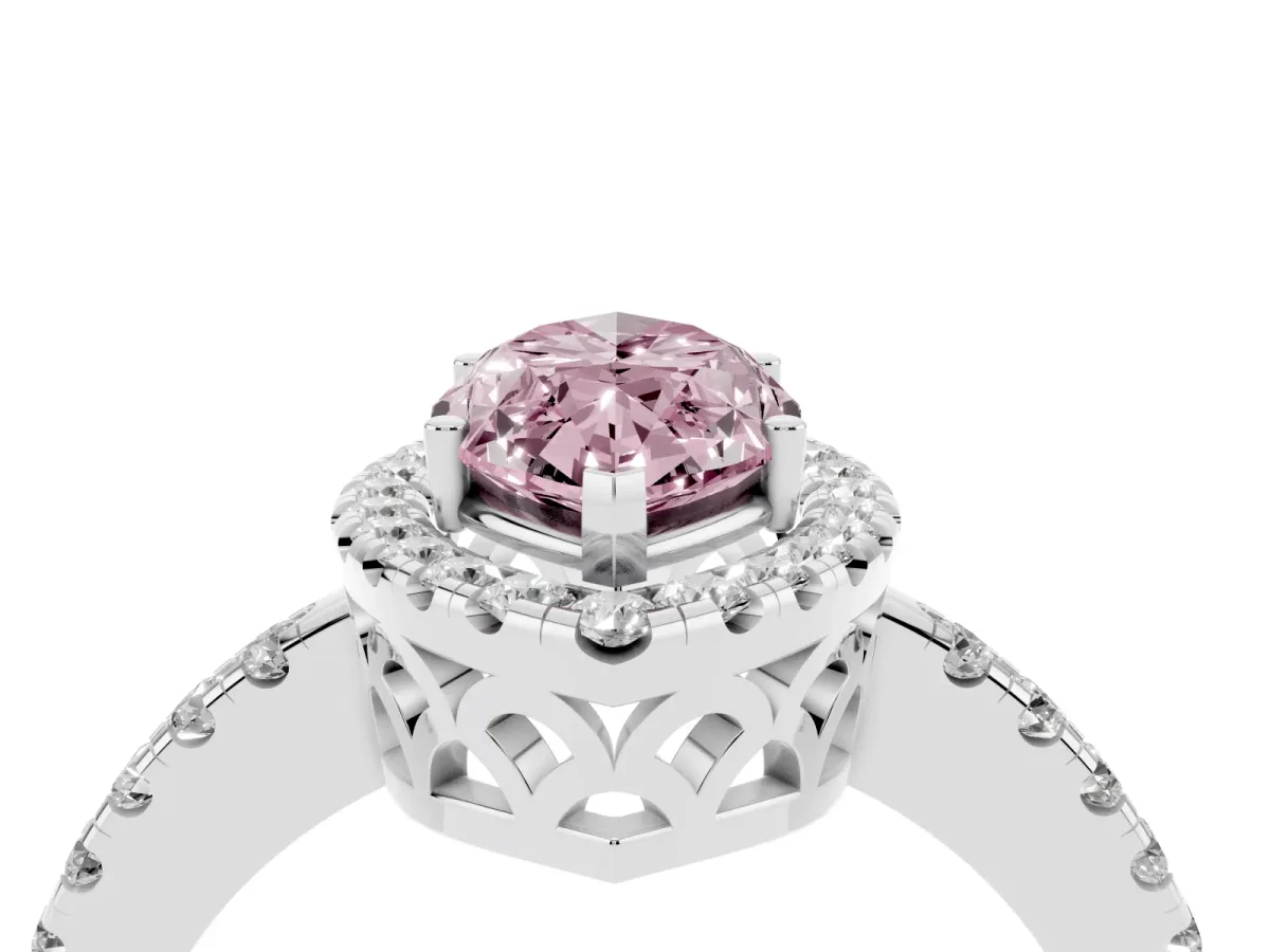 Fancy Pink Marquise Cut Halo Diamond Engagement Ring with Pavé Band and Four-Prong Setting Silver