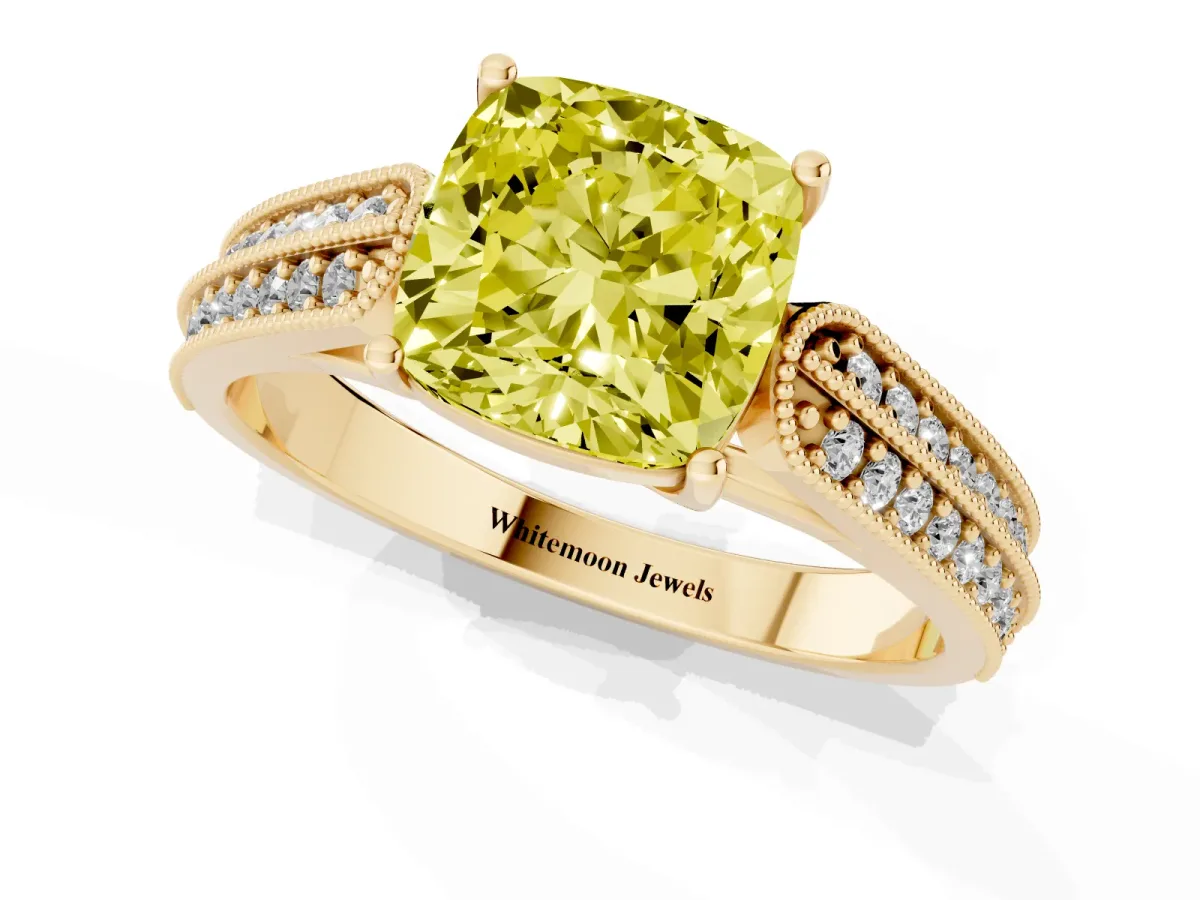 Fancy Yellow Cushion Cut Cut Pave Split Shank Engagement Ring with Four-Prong Setting Yellow gold