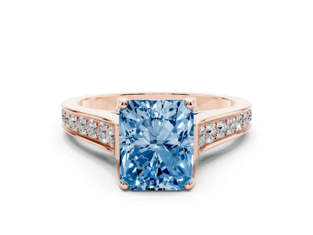 Fancy Blue Radiant Cut Brilliant Cut Diamond Engagement Ring with Pavé Band and Four-Prong Setting Rose gold