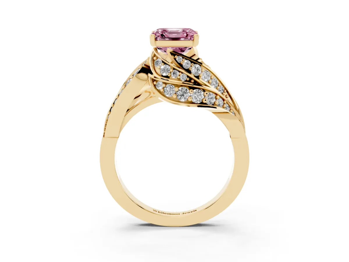 Fancy Pink Asscher Cut Diamond Solitaire Ring with Prong Setting and Twisted Pavé Band Yellow gold