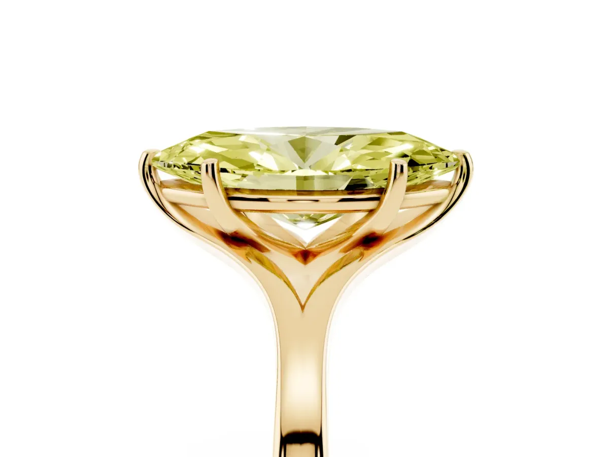 Fancy Yellow Marquise Cut Solitaire Diamond Ring with Six-Prong Setting and Tapered Band Yellow gold