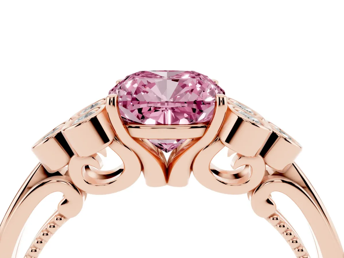 Fancy Pink Cushion Cut Cut Diamond Engagement Ring with Bezel Set Round Side Stones and Prong Setting Rose gold