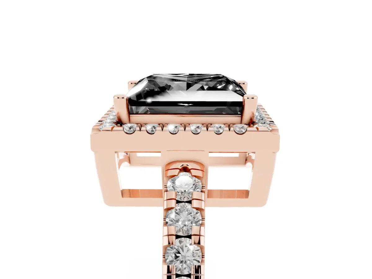 Fancy Black Princess Cut Diamond Halo Ring with Pavé Band and Four-Prong Setting Rose gold