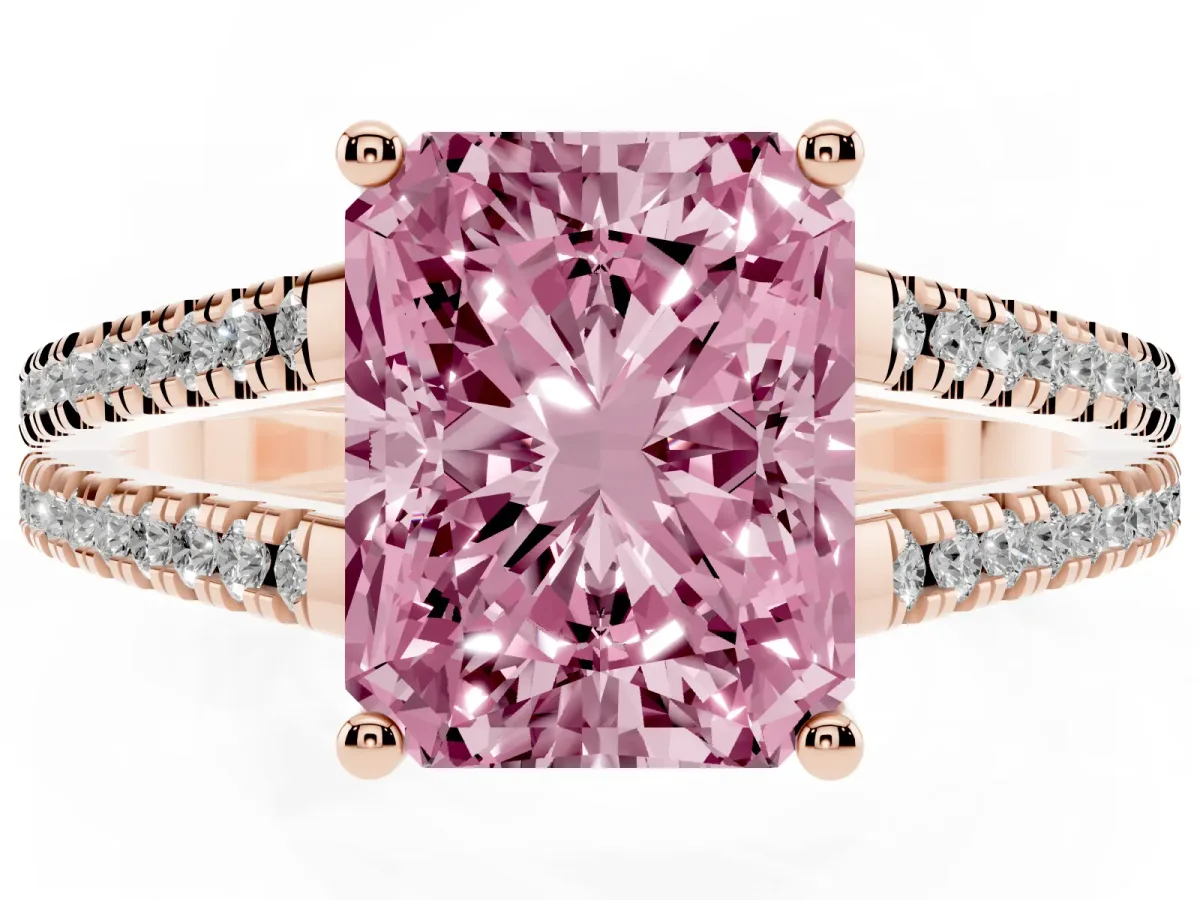 Fancy Pink Radiant Cut Diamond Solitaire Engagement Ring with Split Shank Pavé Band Rose gold