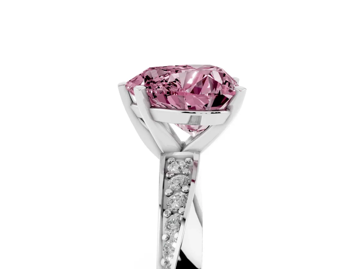 Fancy Pink Heart Cut Diamond Engagement Ring with Side Stone Accents and Four-Prong Setting Platinum