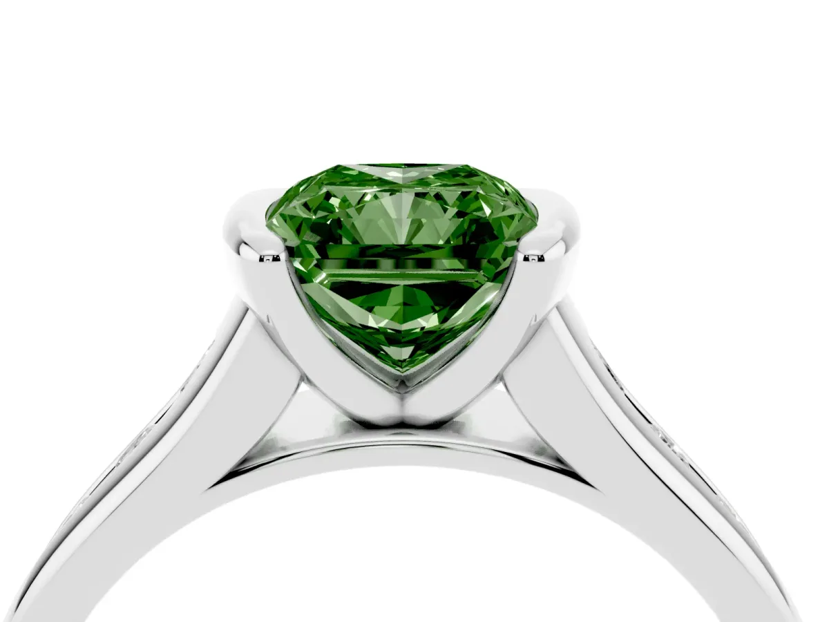 Fancy Green Radiant Cut Solitaire Bezel-Set Diamond Ring with Channel-Set Band Silver