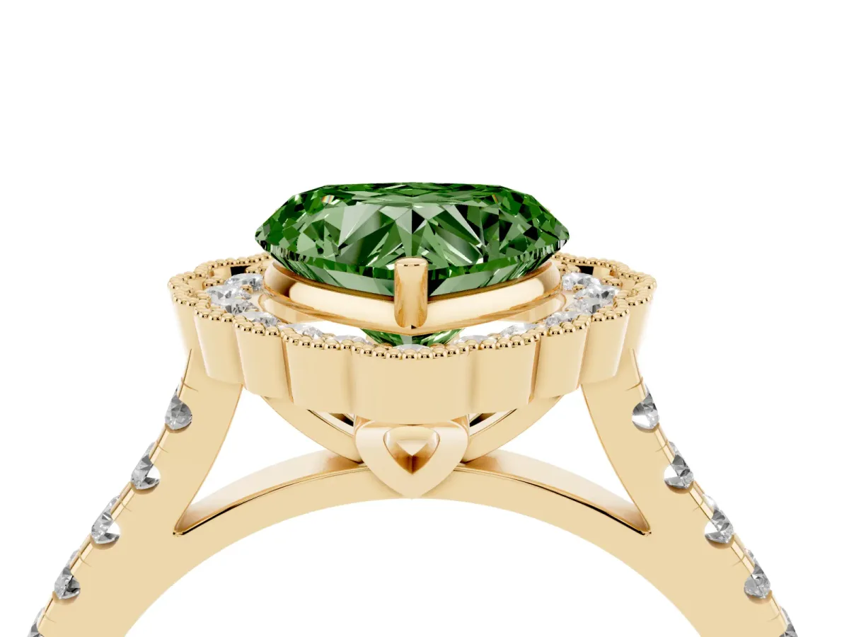 Fancy Green Heart Cut Cut Diamond Milgrain Floral Halo Engagement Ring with Pavé Band Yellow gold