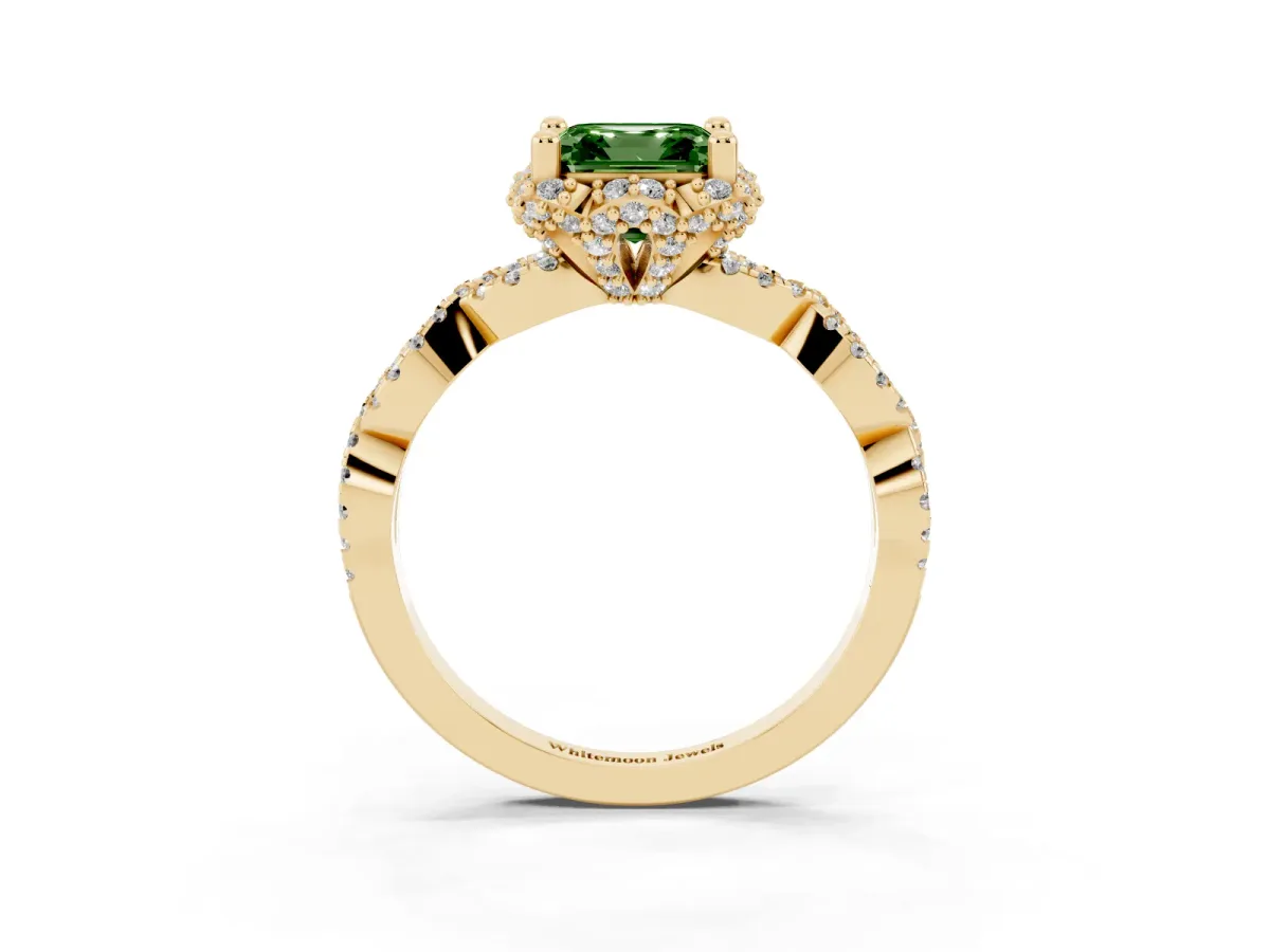 Fancy Green Asscher Cut Halo Twist Band Solitaire Ring with Six-Prong Setting Yellow gold