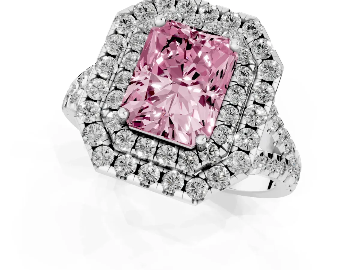 Fancy Pink Double Halo Radiant Cut Diamond Pavé Split Shank Ring with Prong Setting Silver