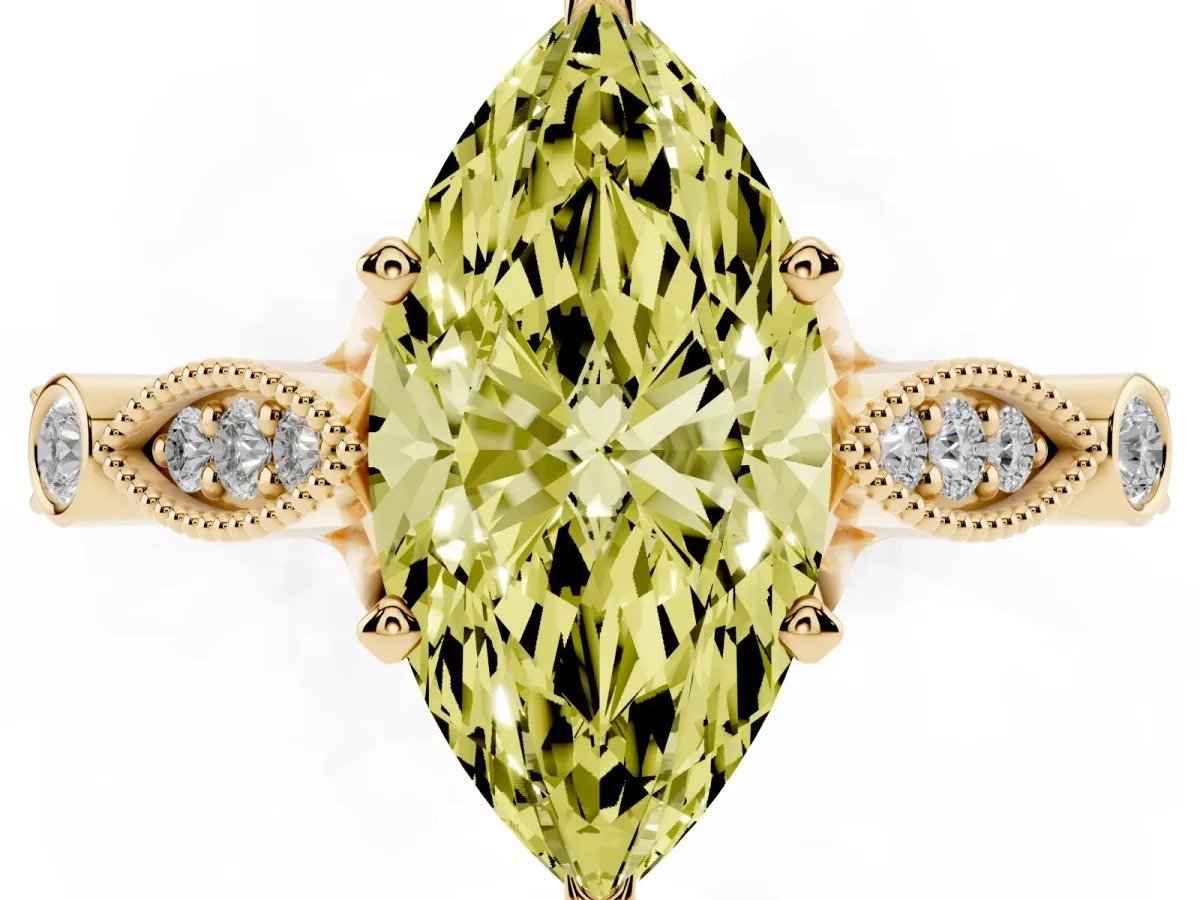 Fancy Yellow Marquise Cut Cut Diamond with Milgrain Marquise and Bezel Accents on a Solitaire Band with Prong Setting Yellow gold