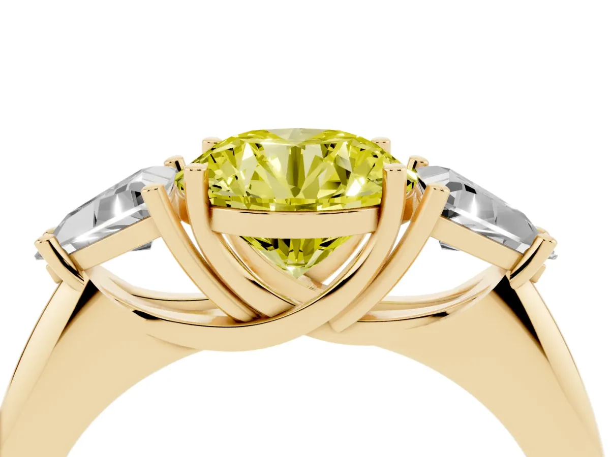 Fancy Yellow Three-Stone Round Cut Diamond Engagement Ring with Trillion Side Stones and Prong Setting Yellow gold