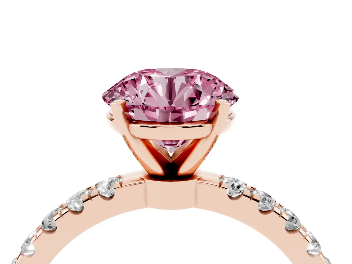 Fancy Pink Round Cut Diamond Solitaire Ring with Pavé Accents and Four-Prong Setting Rose gold
