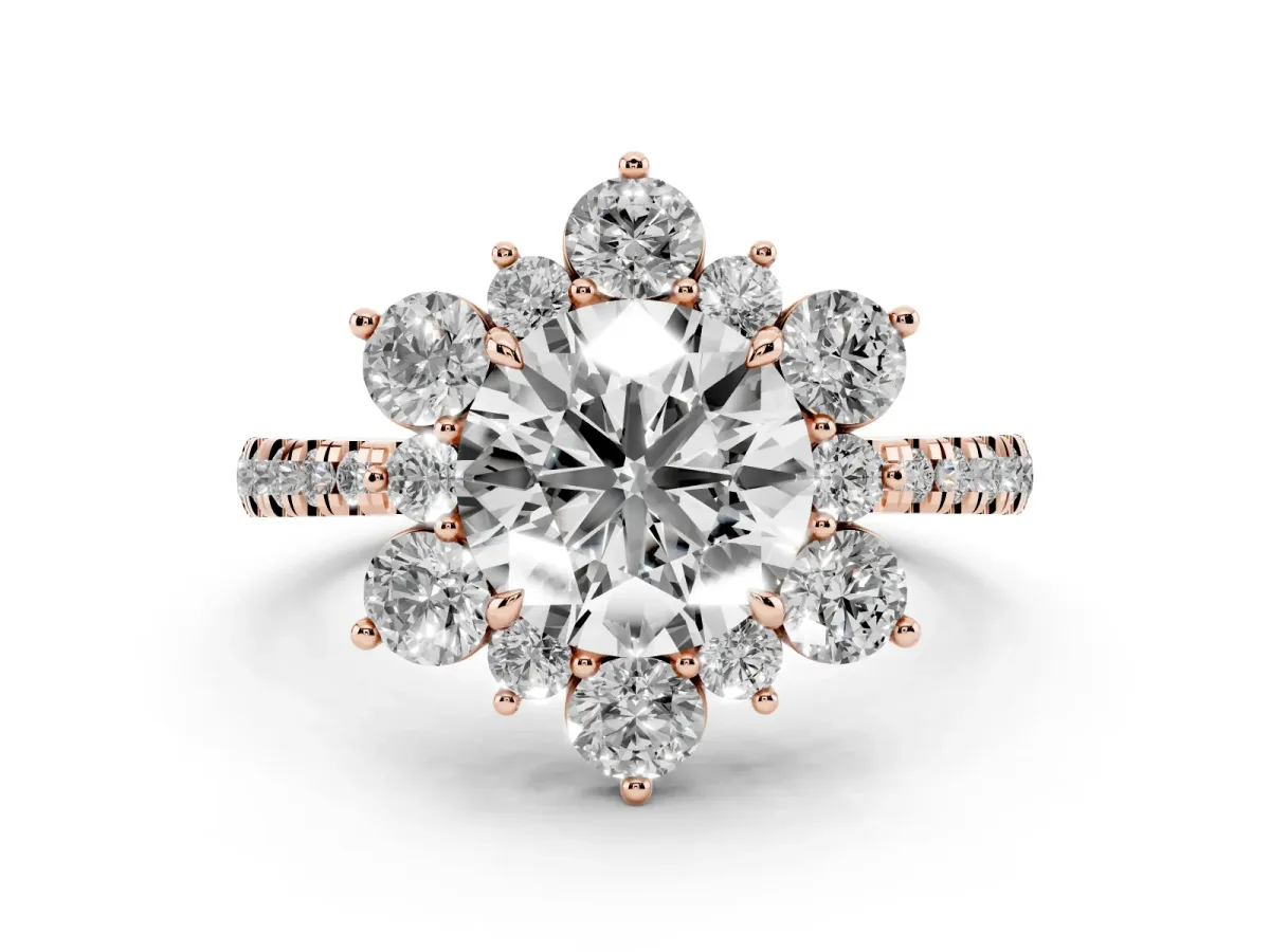 Round Cut Diamond Floral Halo Ring with Round Pavé Band and Prong Setting Rose gold