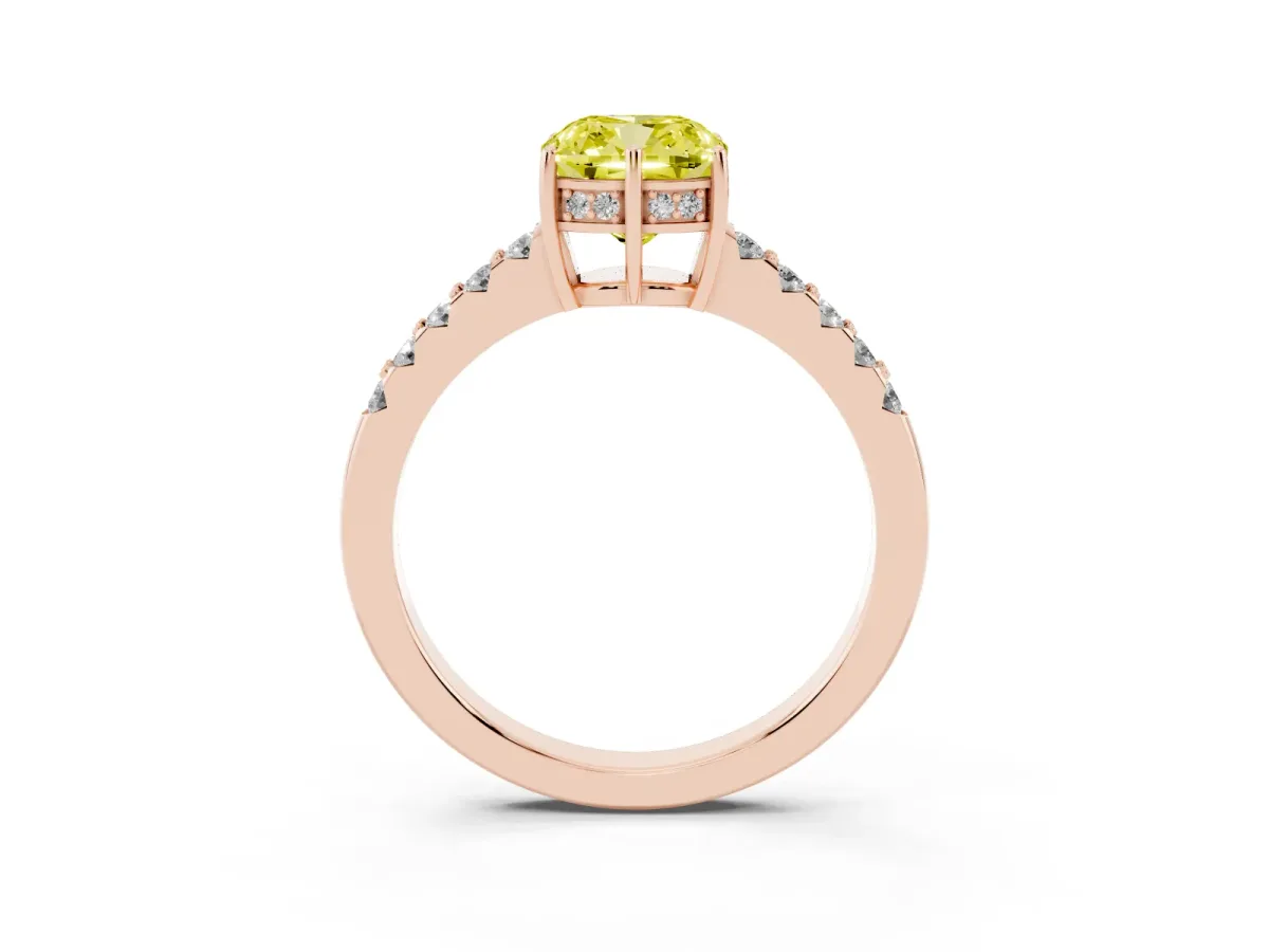 Fancy Yellow Cushion Cut Solitaire Diamond Engagement Ring with Pavé Band and Six-Prong Setting Rose gold
