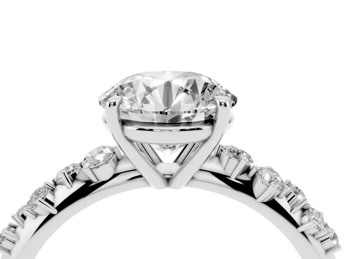 Round Cut Diamond Cluster Side Stone Solitaire Ring with Prong Setting Silver