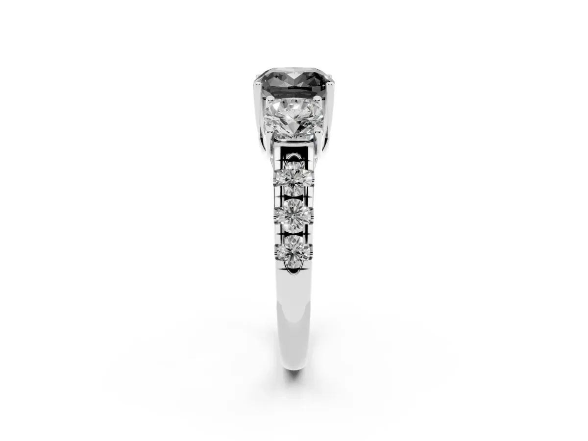 Fancy Black Three-Stone Cushion Cut Diamond Pavé Band with Prong Setting Platinum