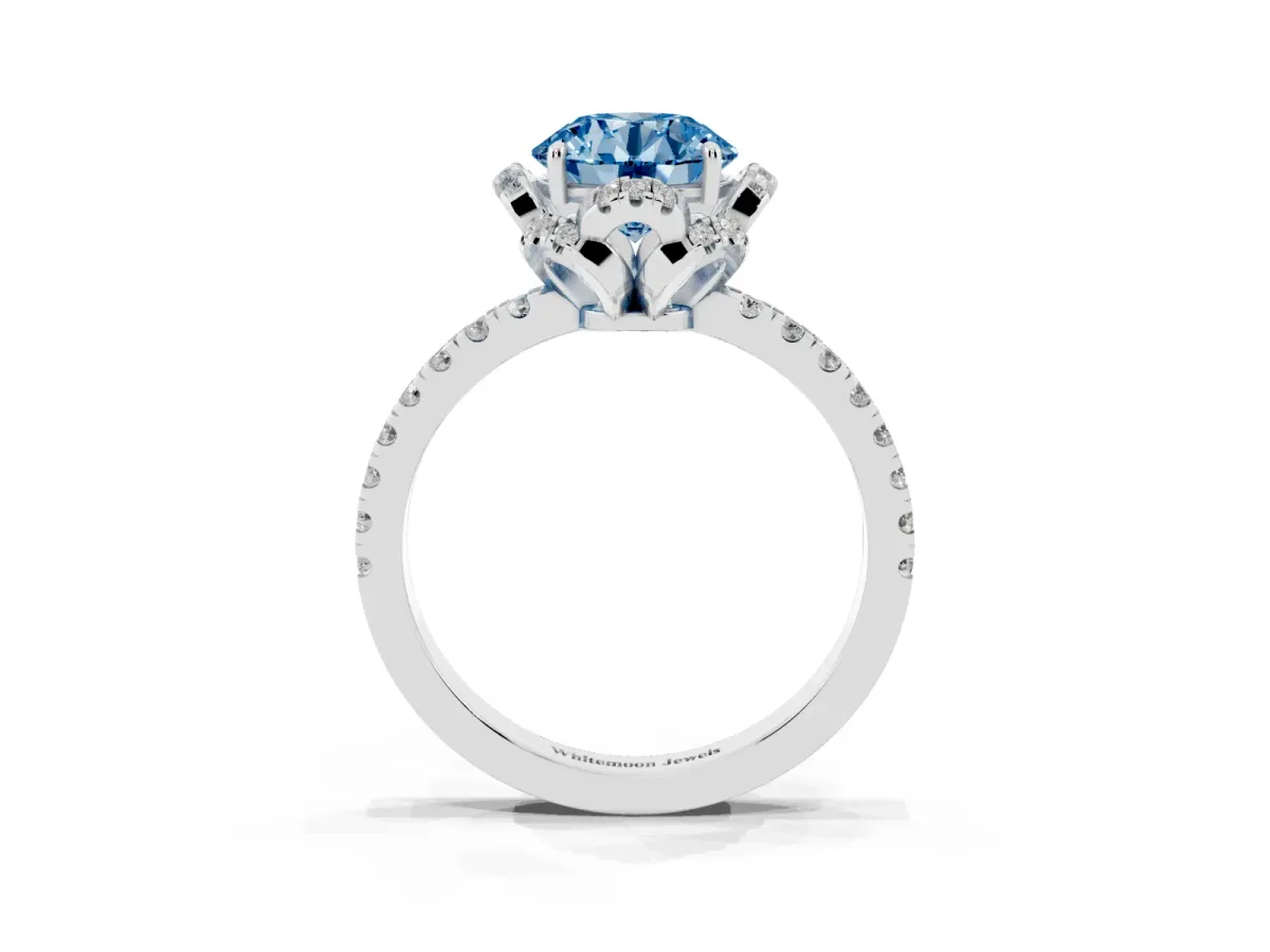 Fancy Blue Round Cut Halo Diamond Pave Band Ring with Four-Prong Setting Silver