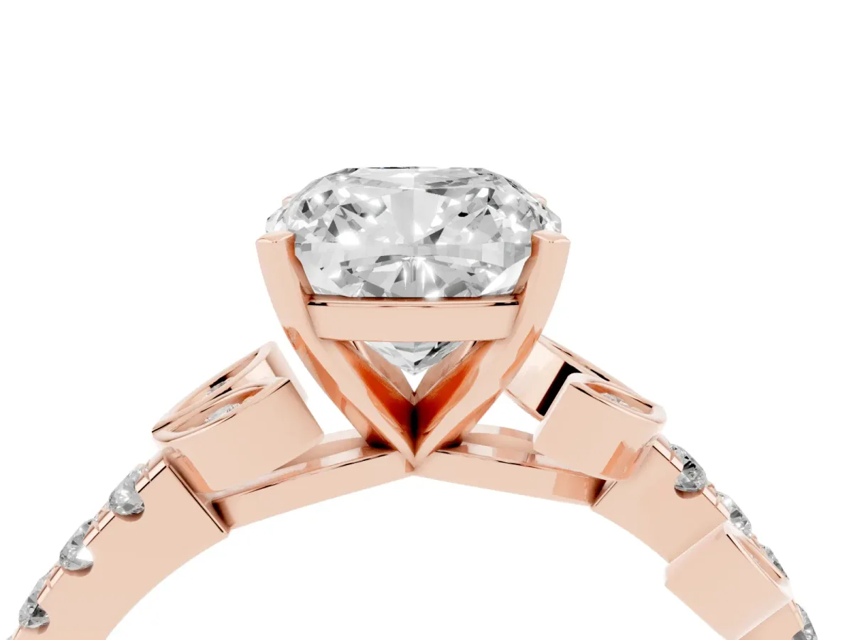 Cushion Cut Solitaire Leaf-Inspired Diamond Ring with Pavé Band and Four-Prong Setting Rose gold