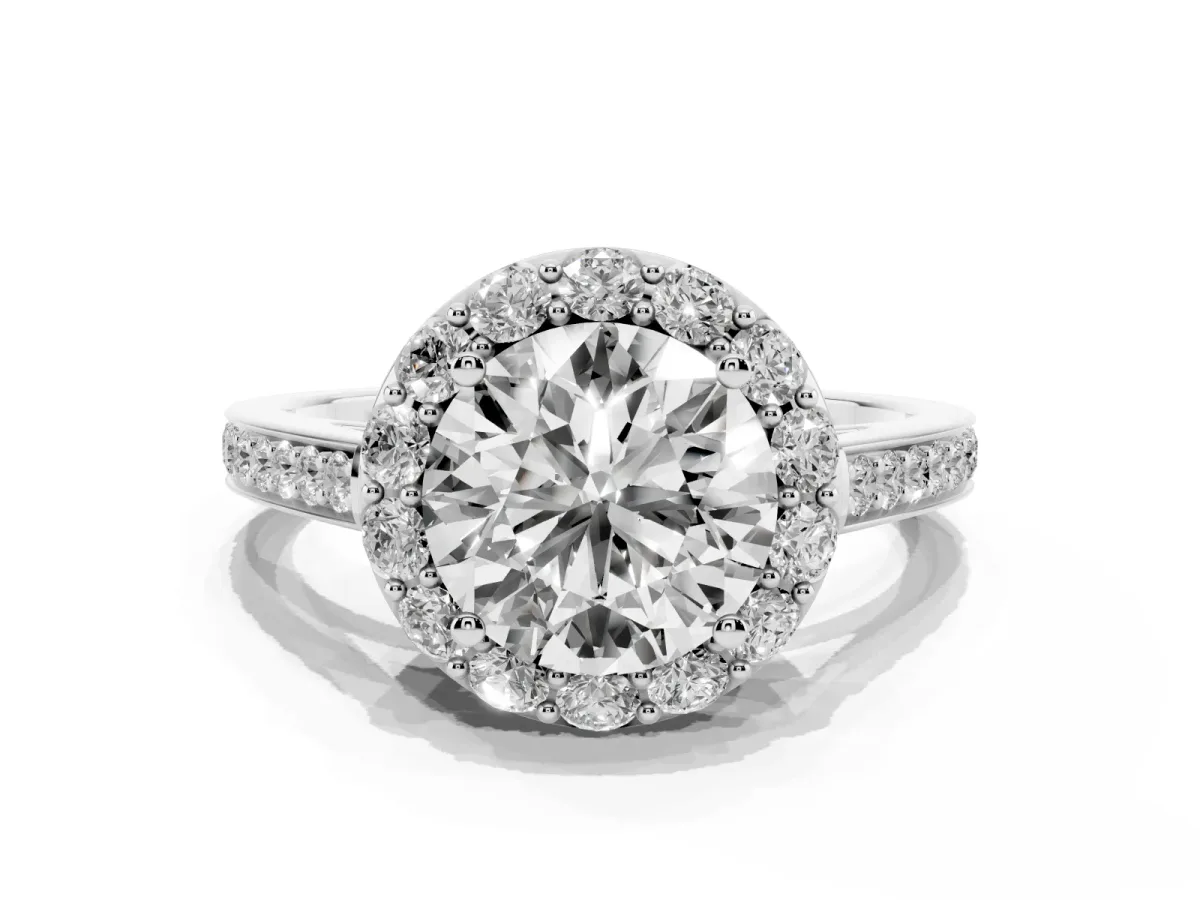 Round Cut Diamond Floral Halo Ring with Pavé Band and Prong Setting White gold