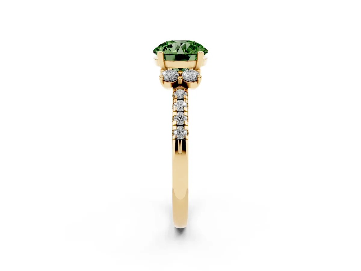 Fancy Green Round Cut Diamond Three-Stone Pave Band with Four-Prong Setting Yellow gold