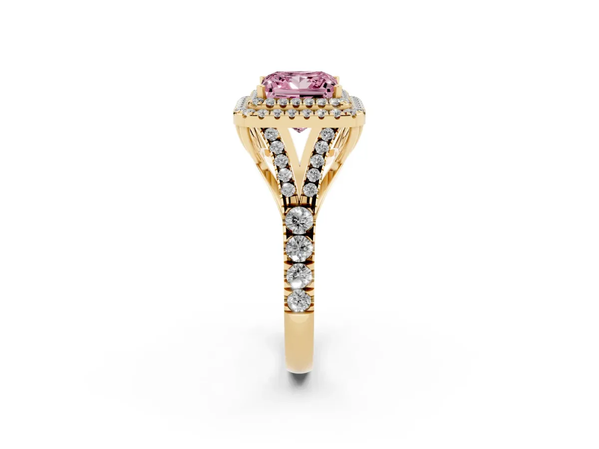 Fancy Pink Princess Cut Cut Double Halo Split Shank Diamond Ring with Prong Setting Yellow gold