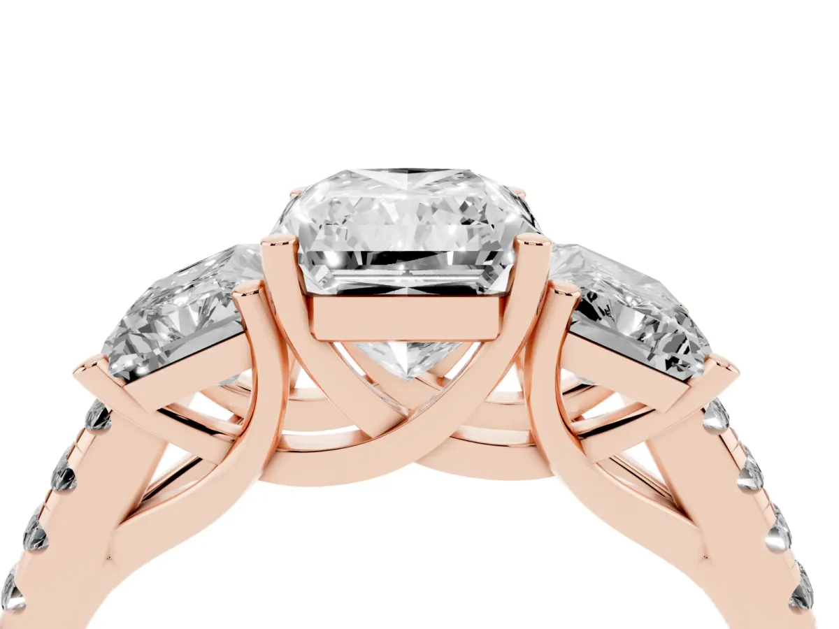 Three-Stone Radiant Cut Diamond Ring with Round Pavé Band and Prong Setting Rose gold