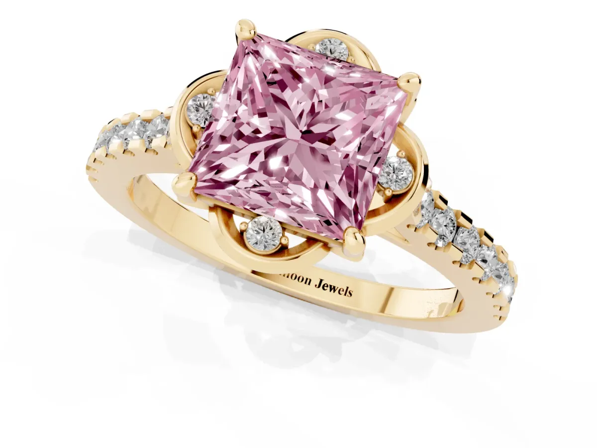 Fancy Pink Princess Cut Diamond Ring with Pavé Band and Floral Prong Setting Yellow gold