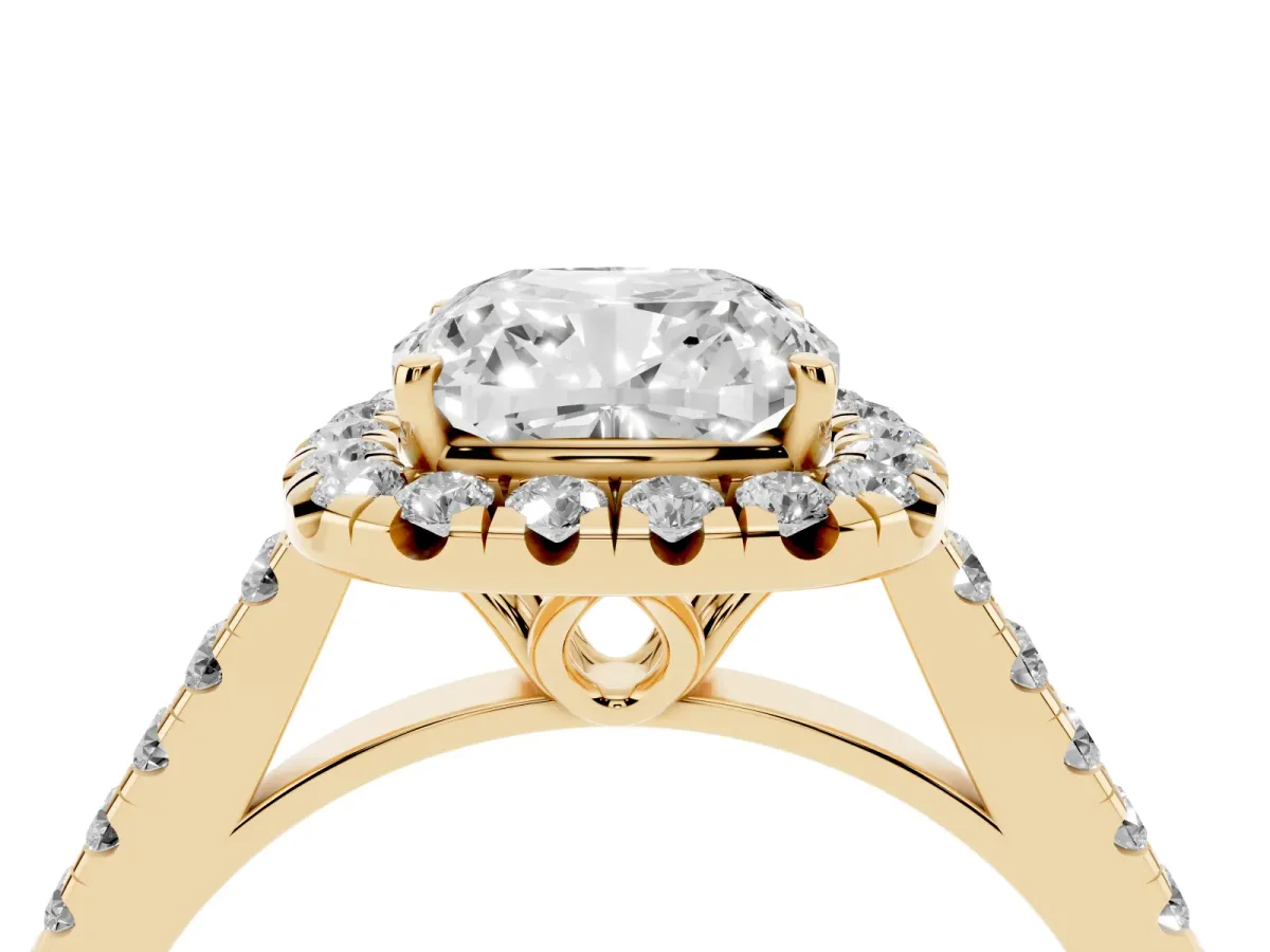 Cushion Cut Halo Pavé Diamond Engagement Ring with Four-Prong Setting Yellow gold