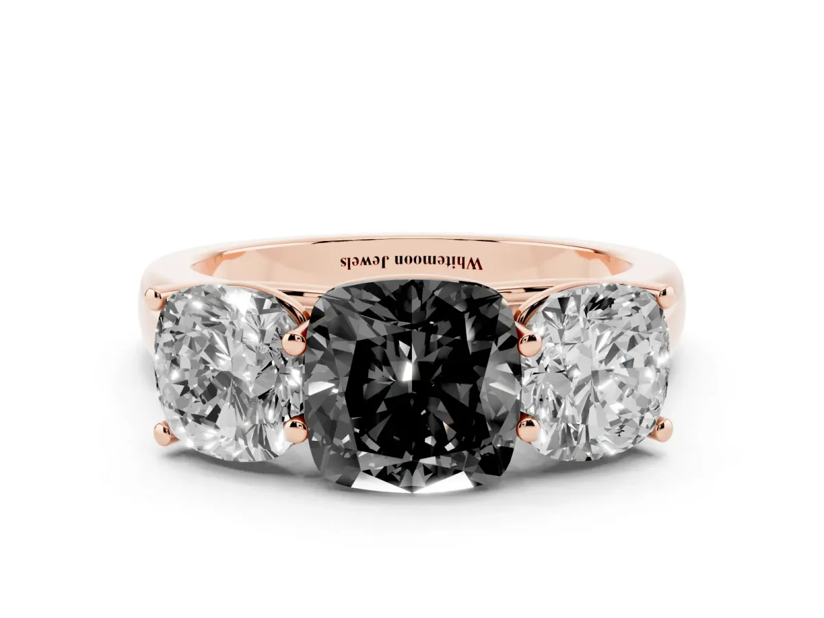 Fancy Black Cushion Cut Three-Stone Diamond Ring with Prong Setting on a Classic Band Rose gold