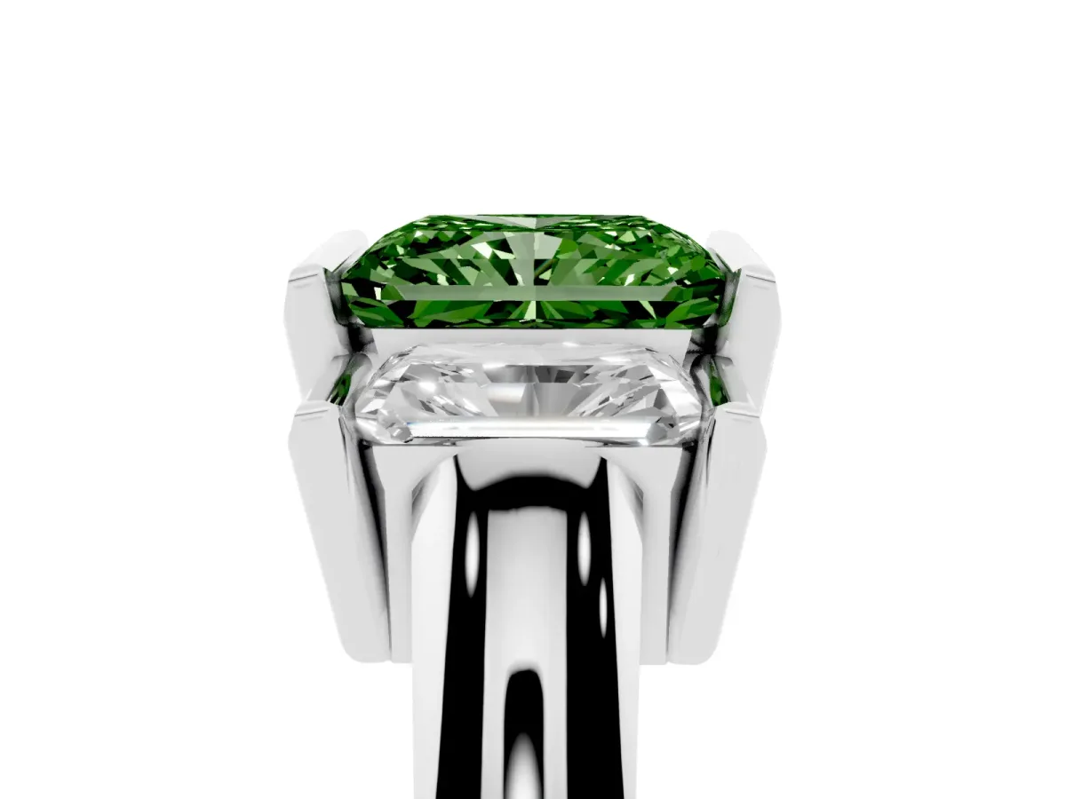 Fancy Green Three Stone Radiant Cut Cut Channel Set Diamond Ring Silver
