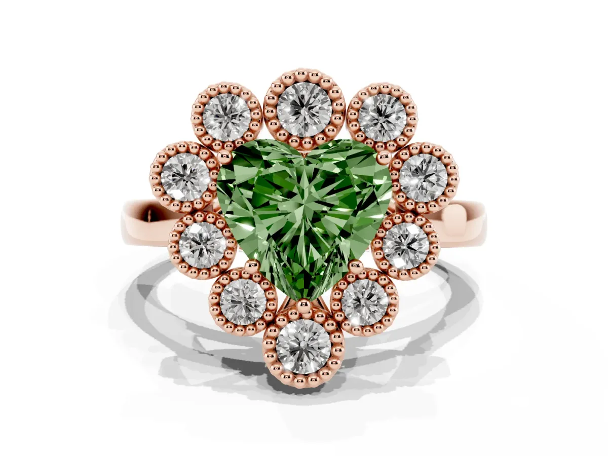 Fancy Green Heart Cut Halo Diamond Cluster Engagement Ring with Milgrain Bezel Setting and Solitaire Band Rose gold