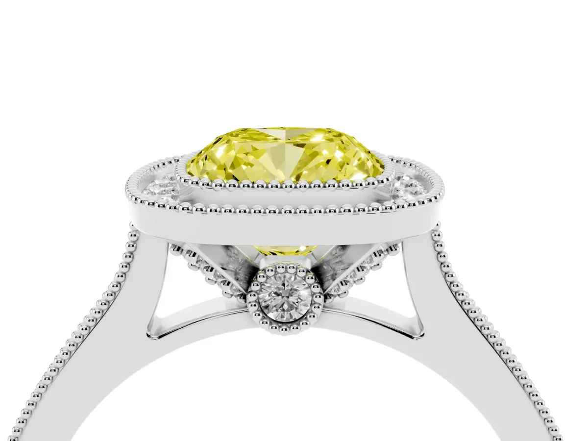 Fancy Yellow Halo Cushion Cut-Cut Diamond Pave Band Milgrain Prong Setting Ring Silver