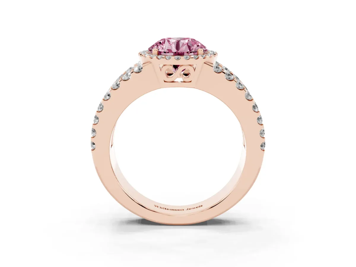 Fancy Pink Round Cut Cut Halo Split Shank Diamond Ring with Four-Prong Setting Rose gold