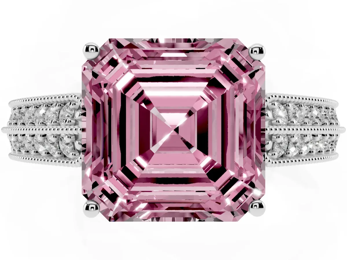 Fancy Pink Asscher Cut Cut Pave Split Shank Engagement Ring with Four-Prong Setting Platinum