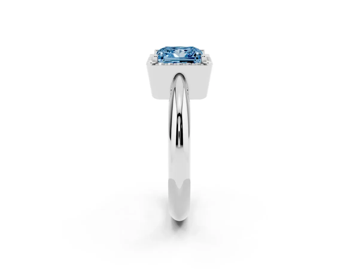 Fancy Blue Princess Cut Cut Diamond Halo Engagement Ring with Split Shank and Four-Prong Setting Silver