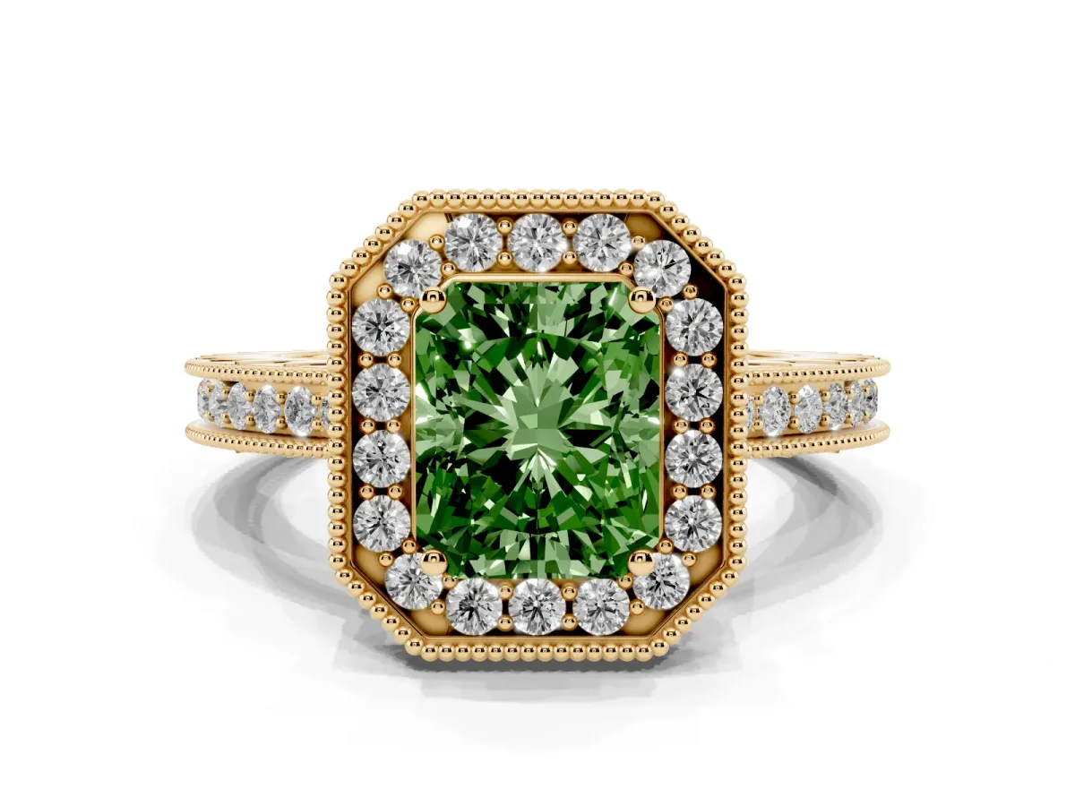 Fancy Green Radiant Cut Diamond Milgrain Halo Engagement Ring with Round Pavé Band and Prong Setting Yellow gold